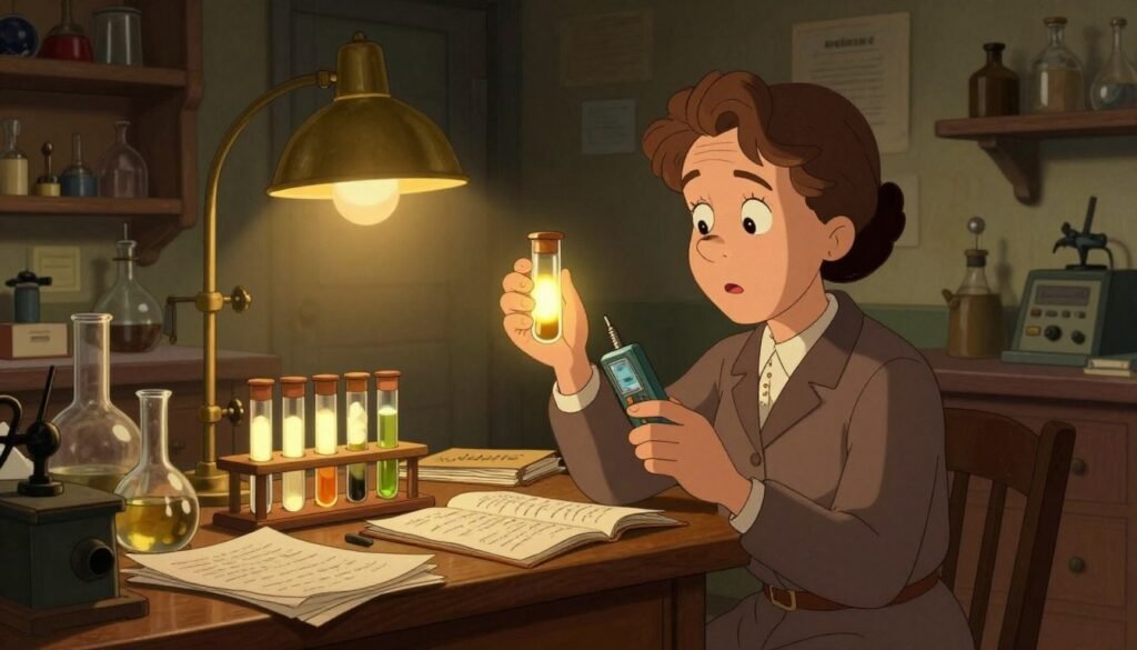 Marie Curie in a vintage laboratory, examining glowing vials of radioactive materials, surrounded by cluttered shelves filled with scientific instruments and notebooks. In the foreground, a focused Marie Curie, depicted in modest professional attire, is holding a Geiger counter, her expression intent and passionate. The middle of the scene features a sturdy wooden table laden with glassware and papers, while in the background, dimly lit shelves display antique scientific tools. Soft, warm lighting emanates from a brass lamp, creating a cozy yet serious atmosphere. The overall color palette is rich and inviting, reflecting curiosity and dedication. The image must be framed with a slight angle, adding depth, and include the brand name "Debsie" subtly integrated into the setting.