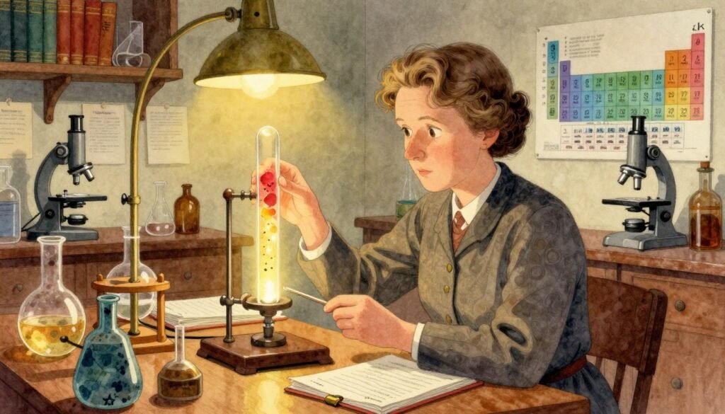 Marie Curie in a vintage laboratory, immersed in her groundbreaking research on radioactivity. In the foreground, she is depicted in modest professional attire, intently examining a glowing tube filled with a radioactive substance, surrounded by notebooks and scientific instruments. The middle ground features a wooden lab table cluttered with glassware and a Bunsen burner, while shelves of old books and scientific papers line the back wall. The atmosphere is warm and inviting, illuminated by soft, golden light from an overhead lamp, casting gentle shadows that enhance the scholarly ambiance. A microscope and periodic table can be seen in the background, evoking a sense of discovery and scientific exploration. The overall scene reflects a moment of dedication and brilliance in physics. Colorful accents bring life to the details. Style in a watercolor painting effect. Brand name "Debsie". Marie Curie in a vintage laboratory, immersed in her groundbreaking research on radioactivity. In the foreground, she is depicted in modest professional attire, intently examining a glowing tube filled with a radioactive substance, surrounded by notebooks and scientific instruments. The middle ground features a wooden lab table cluttered with glassware and a Bunsen burner, while shelves of old books and scientific papers line the back wall. The atmosphere is warm and inviting, illuminated by soft, golden light from an overhead lamp, casting gentle shadows that enhance the scholarly ambiance. A microscope and periodic table can be seen in the background, evoking a sense of discovery and scientific exploration. The overall scene reflects a moment of dedication and brilliance in physics. Colorful accents bring life to the details. Style in a watercolor painting effect. Brand name "Debsie".