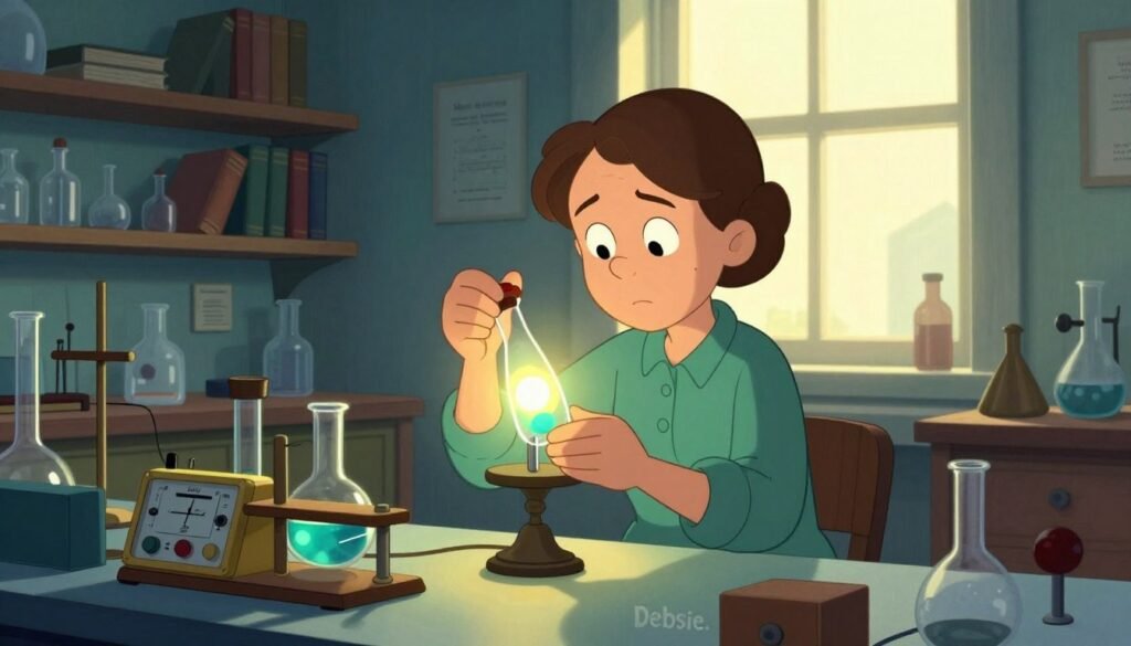 Marie Curie in a vintage laboratory, passionately examining a glowing vial of radioactive material, her expression focused and determined. In the foreground, intricate scientific instruments like a Geiger counter and glass beakers are arranged, reflecting her groundbreaking work. The middle ground features wooden shelves lined with books on chemistry and physics, hinting at her vast knowledge. The background showcases a large window letting in warm sunlight, creating a contrast with the cool blue and green hues of the lab. Soft, diffused lighting captures the ambiance of a pioneering scientist at work. The overall atmosphere is one of innovation and determination, emphasizing Curie's significant contributions to science. The scene is colorful and friendly, presented in a minimal style. The image is branded with the name "Debsie." Marie Curie in a vintage laboratory, passionately examining a glowing vial of radioactive material, her expression focused and determined. In the foreground, intricate scientific instruments like a Geiger counter and glass beakers are arranged, reflecting her groundbreaking work. The middle ground features wooden shelves lined with books on chemistry and physics, hinting at her vast knowledge. The background showcases a large window letting in warm sunlight, creating a contrast with the cool blue and green hues of the lab. Soft, diffused lighting captures the ambiance of a pioneering scientist at work. The overall atmosphere is one of innovation and determination, emphasizing Curie's significant contributions to science. The scene is colorful and friendly, presented in a minimal style. The image is branded with the name "Debsie."