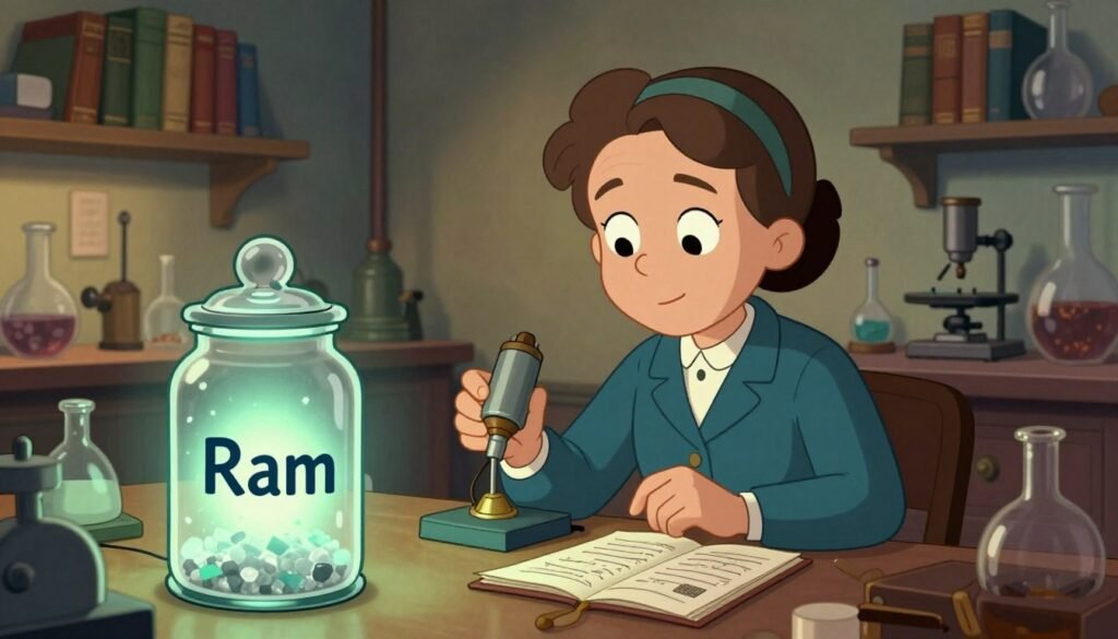 Marie Curie in a vintage laboratory setting, surrounded by her groundbreaking discoveries related to radiation, such as radium and polonium. In the foreground, a glass jar containing glowing radium salts casts a soft, eerie light. The middle ground features Curie, depicted in professional attire, meticulously conducting experiments with a radiation detector and notebooks scattered with her research notes. The background showcases vintage lab equipment and shelves lined with chemistry books, under warm, ambient lighting that creates a thoughtful and inspiring atmosphere. A hint of green and blue tones evokes the idea of radiation, while an overarching sense of discovery and determination fills the air. Ensure the overall mood is friendly, colorful, and educational, reflecting the pioneering spirit of science. Brand name: Debsie.