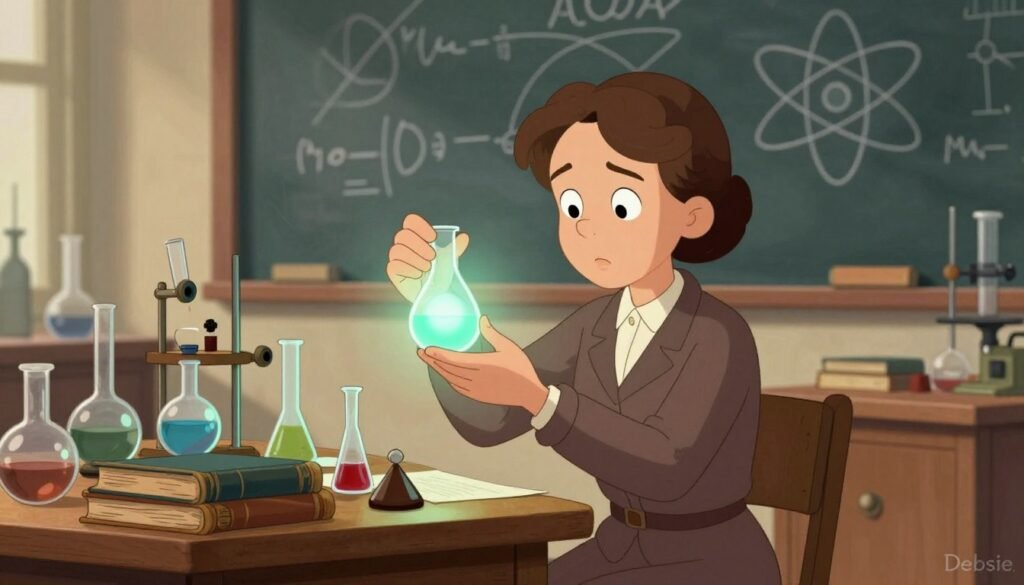 Marie Curie in a vintage laboratory, surrounded by scientific instruments and glowing vials, representing her groundbreaking work on radioactivity. Foreground features Marie, a determined woman in early 20th-century professional attire, with a focused expression as she examines a vial emitting a soft, ethereal glow. In the middle, cluttered wooden tables hold ancient books and glassware, showcasing an atmospheric blend of historic science. The background reveals a chalkboard with faint formulas and sketches of atomic structures, while warm, natural lighting highlights the scene, casting soft shadows. The mood is one of inspiration and curiosity, embodying the spirit of scientific discovery. This colorful, friendly, and minimal depiction reflects Curie’s pioneering legacy. This image is branded with "Debsie".