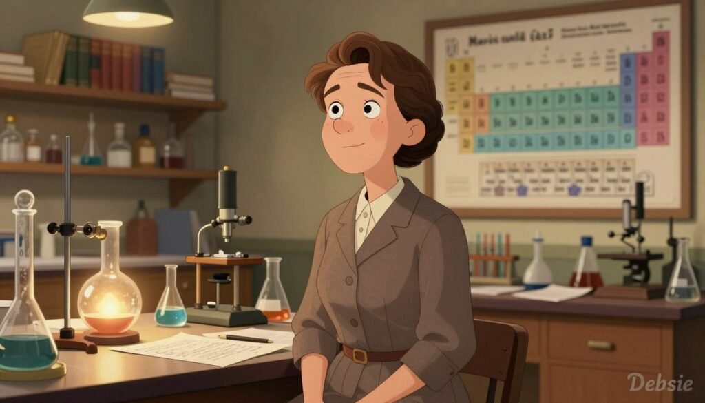 Marie Curie, portrayed as a determined and inspiring figure, standing in a vintage laboratory filled with scientific instruments, glowing glassware, and charts. Foreground features Curie in a modest, professional dress, her hair neatly pinned up. The middle ground showcases a desk cluttered with notes and beakers, emphasizing her dedication to research. In the background, soft-focus shelves lined with books and a large periodic table hint at her groundbreaking contributions to chemistry and physics. Warm, inviting lighting creates a sense of hope and innovation, while a slight upward angle captures the grandeur of her achievements. The overall mood is empowering and respectful, celebrating her cultural impact on science and medicine. Brand logo "Debsie" subtly integrated into the scene.