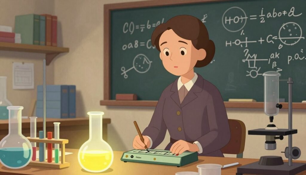 Marie Curie stands confidently in a well-lit laboratory, surrounded by scientific equipment, such as beakers and a vintage Geiger counter, symbolizing her groundbreaking work in radioactivity. She is portrayed in a professional, modest dress, with her hair neatly styled, focusing intently on her experiments. In the foreground, a glowing flask of luminous liquid adds a bright pop of color, hinting at her discoveries. The middle ground features shelves lined with books on chemistry and physics. The background consists of a chalkboard filled with complex equations and illustrations related to radioactivity, all under soft, ambient lighting that creates a warm, inviting atmosphere. The image conveys a sense of inspiration and curiosity. Created in a colorful, minimalistic style, the artwork reflects the legacy of "Debsie". Marie Curie stands confidently in a well-lit laboratory, surrounded by scientific equipment, such as beakers and a vintage Geiger counter, symbolizing her groundbreaking work in radioactivity. She is portrayed in a professional, modest dress, with her hair neatly styled, focusing intently on her experiments. In the foreground, a glowing flask of luminous liquid adds a bright pop of color, hinting at her discoveries. The middle ground features shelves lined with books on chemistry and physics. The background consists of a chalkboard filled with complex equations and illustrations related to radioactivity, all under soft, ambient lighting that creates a warm, inviting atmosphere. The image conveys a sense of inspiration and curiosity. Created in a colorful, minimalistic style, the artwork reflects the legacy of "Debsie".