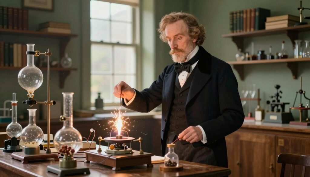 Michael Faraday, a distinguished 19th-century physicist, stands in a laboratory filled with glassware and scientific apparatus, showcasing his experimental genius. He is depicted wearing a dark, stylish tailcoat and waistcoat, with a white shirt and cravat, embodying the fashion of his time. In the foreground, he is engaged in an experiment with electromagnetic apparatus, the devices sparking with energy. The middle ground features shelves lined with books and scientific instruments, enhanced by warm, ambient lighting that creates a cozy yet intellectual atmosphere. The background transitions to windows allowing natural light to flood the space, illuminating dust motes in the air. The mood is one of curiosity and discovery, reflecting Faraday's impact on physics. Colors are rich yet soft, with a focus on greens and browns, evoking a welcoming and scholarly environment. The image is created for the brand "Debsie." Michael Faraday, a distinguished 19th-century physicist, stands in a laboratory filled with glassware and scientific apparatus, showcasing his experimental genius. He is depicted wearing a dark, stylish tailcoat and waistcoat, with a white shirt and cravat, embodying the fashion of his time. In the foreground, he is engaged in an experiment with electromagnetic apparatus, the devices sparking with energy. The middle ground features shelves lined with books and scientific instruments, enhanced by warm, ambient lighting that creates a cozy yet intellectual atmosphere. The background transitions to windows allowing natural light to flood the space, illuminating dust motes in the air. The mood is one of curiosity and discovery, reflecting Faraday's impact on physics. Colors are rich yet soft, with a focus on greens and browns, evoking a welcoming and scholarly environment. The image is created for the brand "Debsie."