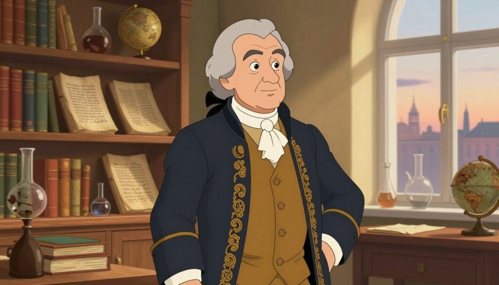 Mikhail Lomonosov, a Russian polymath, stands in a refined study filled with books on chemistry and literature. He is depicted as an older man with a dignified expression, wearing a tailored 18th-century Russian outfit adorned with intricate patterns. The background features shelves lined with old scientific manuscripts and globes, under warm, soft lighting that casts a scholarly glow. A window shows a hint of a St. Petersburg skyline at dusk, adding depth and context to the setting. The image captures a sense of intellectual curiosity and historical significance, illustrating his pivotal role in founding modern Russian science. The atmosphere is inspiring and respectful, encapsulating his legacy. The artwork is colorful, minimal, and professional, reflecting the brand "Debsie." Mikhail Lomonosov, a Russian polymath, stands in a refined study filled with books on chemistry and literature. He is depicted as an older man with a dignified expression, wearing a tailored 18th-century Russian outfit adorned with intricate patterns. The background features shelves lined with old scientific manuscripts and globes, under warm, soft lighting that casts a scholarly glow. A window shows a hint of a St. Petersburg skyline at dusk, adding depth and context to the setting. The image captures a sense of intellectual curiosity and historical significance, illustrating his pivotal role in founding modern Russian science. The atmosphere is inspiring and respectful, encapsulating his legacy. The artwork is colorful, minimal, and professional, reflecting the brand "Debsie."