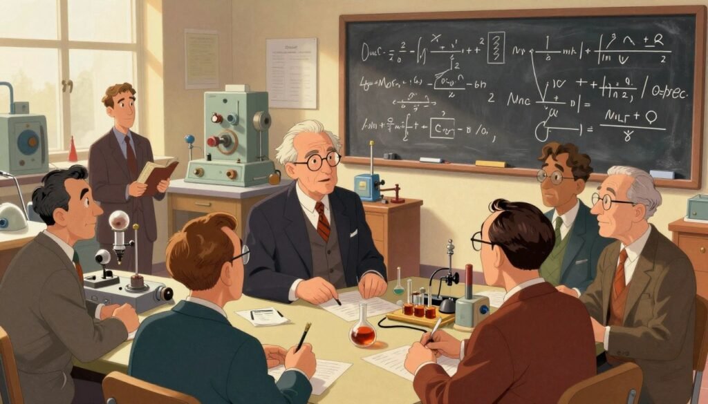 Niels Bohr, a distinguished physicist, is depicted in a mid-20th century laboratory setting, surrounded by advanced scientific equipment related to the Manhattan Project. In the foreground, Bohr is engaged in discussion with fellow scientists, all wearing professional business attire, embodying a collaborative atmosphere. The middle ground showcases an array of intricate instruments and large chalkboards filled with complex equations, hinting at groundbreaking research. The background features a window letting in warm, soft light, creating an inviting yet focused mood. Use a slightly elevated angle to capture the depth of the scene, emphasizing the intellectual energy of the environment. The color palette should be warm and vibrant, reflecting a friendly and innovative spirit. Include elements representing the brand "Debsie" subtly within the laboratory equipment.