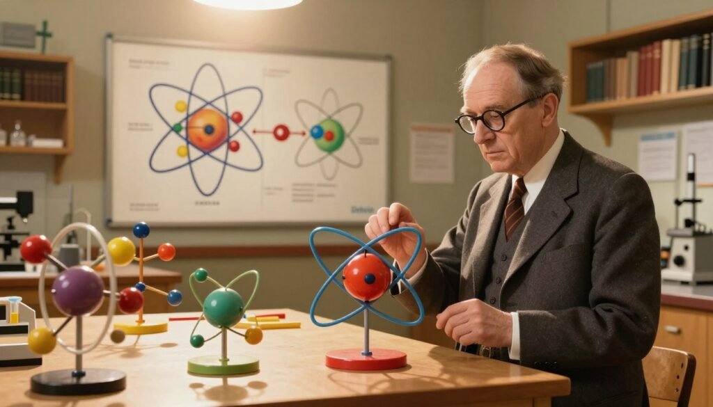 Niels Bohr standing in a well-lit laboratory filled with colorful models of atomic structures, representing his groundbreaking discoveries in nuclear fission. In the foreground, Bohr is depicted as a middle-aged man with glasses, wearing a classic suit and tie, thoughtfully examining a model of the atom. In the middle ground, there are detailed diagrams of the nuclear fission process, illustrating the splitting of atoms with vibrant colors. The background features shelves filled with scientific books and instruments, symbolizing the era of scientific exploration. The lighting is warm and inviting, creating a friendly atmosphere, with a subtle lens flare to suggest inspiration. The overall mood conveys curiosity and the excitement of discovery, branded with "Debsie" in a harmonious manner.