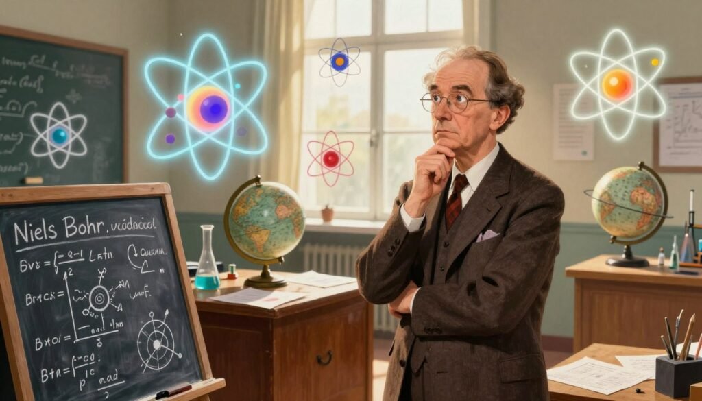 Niels Bohr stands thoughtfully in a laboratory, surrounded by floating, luminous atomic models representing his groundbreaking discoveries in quantum mechanics. In the foreground, a chalkboard is filled with complex equations and diagrams reflecting concepts like wave-particle duality and energy quantization. The middle ground features a vintage wooden desk cluttered with scientific papers and an old-fashioned globe, symbolizing Bohr's global impact on science. The background displays a large window through which soft, warm sunlight streams in, creating an inspiring atmosphere. The image should have a colorful, friendly vibe, using balanced lighting to enhance the focus on Bohr's contemplative expression. Capture this moment with a slightly elevated angle, reminiscent of a classic photograph, bringing Niels Bohr's genius to life for viewers. Designed for a professional setting, the image should be created by Debsie.