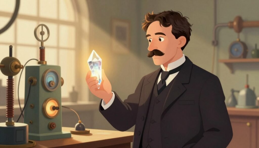 Nikola Tesla, an iconic inventor and scientist, stands confidently in a laboratory setting, wearing a tailored, dark business suit with a crisp white shirt and a stylish tie. In the foreground, Tesla holds a glowing crystal, symbolizing innovation and electricity, while looking thoughtfully towards a mysterious machine behind him. The middle ground features an array of intricate coils and gadgets, illuminated by warm, inviting light that accentuates their metallic surfaces. The background reveals large windows with soft, diffused sunlight streaming through, casting gentle shadows that add depth to the scene. The atmosphere is inspiring and visionary, emphasizing the spirit of innovation. The image is colorful, friendly, and minimalistic, reflecting a sense of creativity and exploration. Captured with a moderate depth of field, showcasing Tesla in sharp focus against the blurred background. Brand: Debsie.