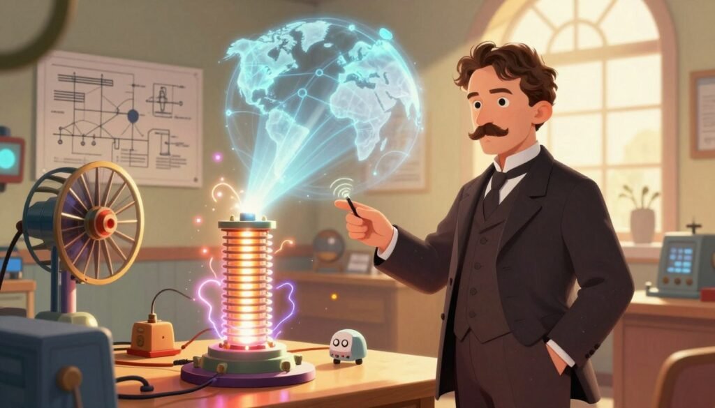 Nikola Tesla stands at the forefront of a vibrant, visionary laboratory filled with intricate inventions. In the foreground, a glowing Tesla coil emits arcs of electricity, illuminating a range of inventions like the Tesla turbine and a conceptual wireless communication device. The middle ground highlights charts and blueprints showcasing innovative ideas, while an ethereal representation of global communication, depicted as bright beams of light connecting continents, radiates throughout the scene. The background features a large window, casting warm, golden light into the space, enhancing the atmosphere of creativity and discovery. A soft-focus lens gives the image a dreamy quality, capturing the essence of technological ambition. Colorful elements blend harmoniously, evoking inspiration and futurism, reflecting the pioneering spirit of Tesla. Emphasize a friendly, engaging environment that embodies the essence of exploration and invention, while subtly branding the scene with "Debsie." Nikola Tesla stands at the forefront of a vibrant, visionary laboratory filled with intricate inventions. In the foreground, a glowing Tesla coil emits arcs of electricity, illuminating a range of inventions like the Tesla turbine and a conceptual wireless communication device. The middle ground highlights charts and blueprints showcasing innovative ideas, while an ethereal representation of global communication, depicted as bright beams of light connecting continents, radiates throughout the scene. The background features a large window, casting warm, golden light into the space, enhancing the atmosphere of creativity and discovery. A soft-focus lens gives the image a dreamy quality, capturing the essence of technological ambition. Colorful elements blend harmoniously, evoking inspiration and futurism, reflecting the pioneering spirit of Tesla. Emphasize a friendly, engaging environment that embodies the essence of exploration and invention, while subtly branding the scene with "Debsie."