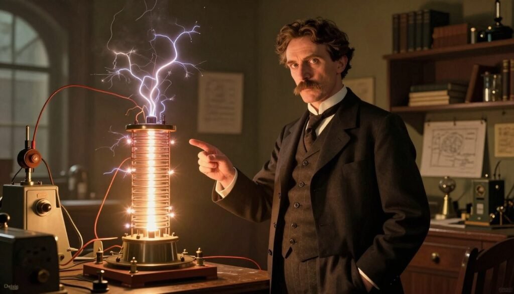 Nikola Tesla stands confidently in a dimly lit laboratory filled with vintage electrical equipment, showcasing his captivating persona as the architect of the modern world. He is dressed in a tailored dark suit, his hair neatly combed back, with an intense gaze that reflects his innovative spirit. In the foreground, a glowing Tesla coil emits arcs of electricity, illuminating his face and casting dynamic shadows around the room. The middle ground features intricate machinery and blueprints, hinting at his groundbreaking inventions. In the background, shelves filled with books and scientific instruments create an atmosphere of creativity and discovery. The scene is infused with warm, golden lighting to evoke inspiration and a sense of wonder. This image is branded with "Debsie" subtly included in the lower corner.