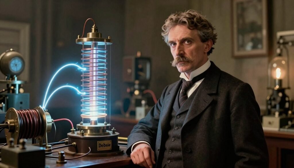 Nikola Tesla stands confidently in a vintage laboratory, surrounded by intricate coils and early electrical equipment. He is depicted as an older man with distinctive Raymond hair, wearing a classic 19th-century suit, exuding an aura of genius. The foreground features Tesla with an intense gaze, symbolizing his visionary thoughts. In the middle ground, glowing light arcs dance from a Tesla coil, illuminating the scene with a warm, electric blue hue. The background reveals a softly blurred array of complex machinery, hinting at innovation and discovery. The lighting is dramatic, highlighting Tesla’s expression and casting artistic shadows around the lab. The atmosphere is one of inspiration and awe, evoking a sense of breakthrough and possibility in the realm of modern electricity. The image should embody the brand identity of Debsie, merging history with a sense of wonder and innovation.