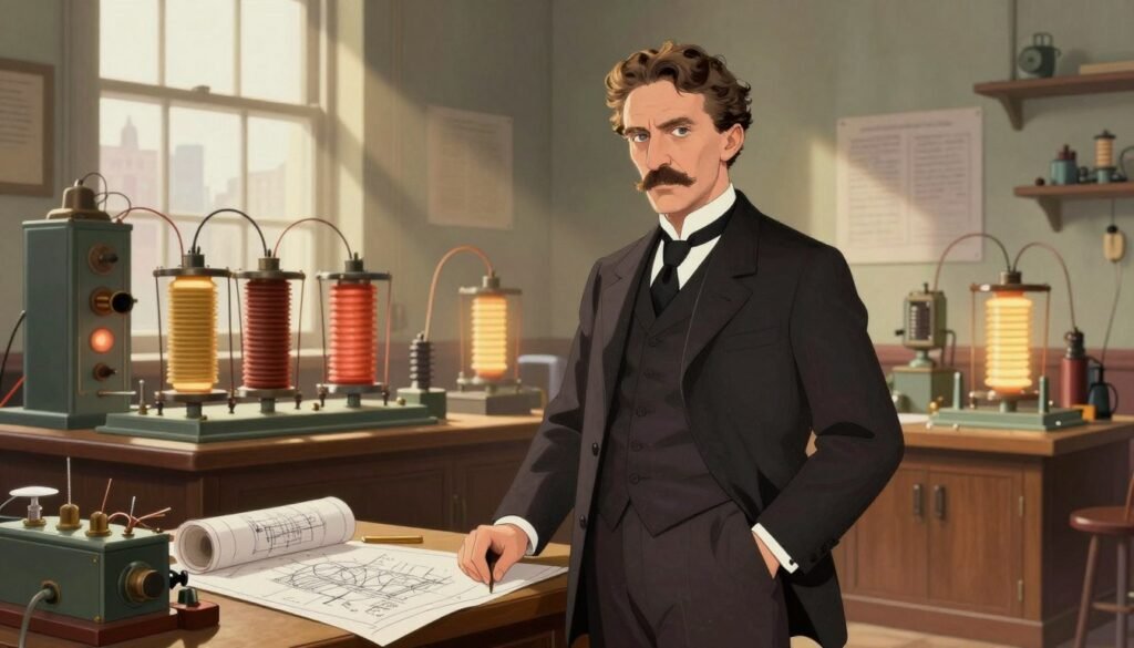 Nikola Tesla stands confidently in a well-lit laboratory filled with intricate electrical apparatus and glowing coils, symbolizing his pioneering contributions to electricity. He wears a classic, tailored suit, with a white shirt and a black tie, exuding an air of intelligence and innovation. In the foreground, a vintage-style desk cluttered with blueprints and electrical components showcases his creative process. The background features a large window allowing natural light to stream in, casting dramatic shadows, while city buildings hint at the industrial age he influenced. The atmosphere is vibrant and forward-looking, filled with soft, warm tones to evoke a sense of wonder. The image conveys the brilliance of Tesla's mind and his impact on the future of electricity. Designed for Debsie.