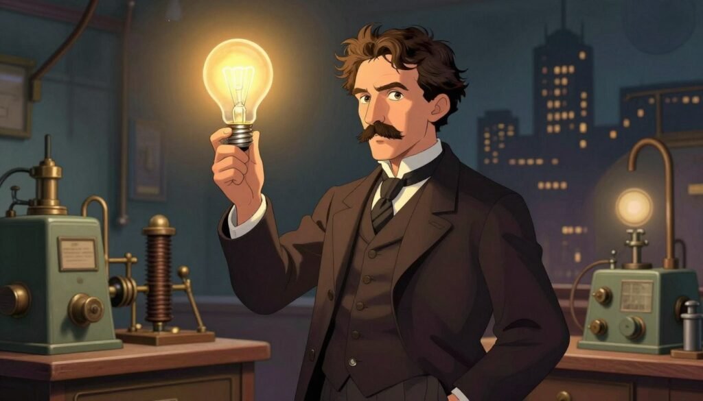 Nikola Tesla stands confidently in the foreground, dressed in a smart, Victorian-style suit, holding a light bulb that emits a brilliant glow, symbolizing his groundbreaking contributions to electricity. His unkempt hair and intense gaze reflect his visionary spirit. In the middle ground, a lab filled with vintage scientific equipment, like coils and machines, showcases his inventive prowess. In the background, a darkened skyline speaks to the electrification of cities, with faintly illuminated buildings hinting at the impact of his innovations. The scene is lit with warm, soft lighting to create a nostalgic yet inspired atmosphere. The perspective is slightly low, emphasizing Tesla’s stature as a pivotal figure in science. The overall mood is one of innovation, brilliance, and respect for a man who changed the world, with vibrant colors adding life to the image. Created by Debsie.