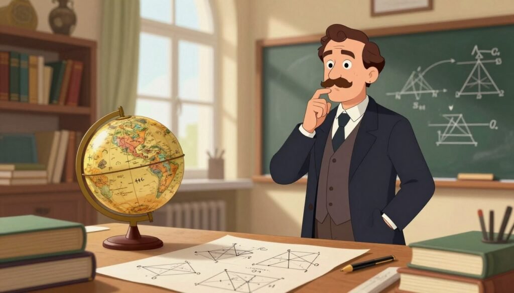 Nikolai Lobachevsky, a distinguished 19th-century mathematician known for his groundbreaking work in non-Euclidean geometry, stands confidently in a well-lit study filled with books and mathematical diagrams. He is depicted in a professional business attire, emanating intelligence and creativity, with a thoughtful expression as he contemplates complex geometric shapes. In the foreground, there are scattered papers with sketches of hyperbolic geometry, while an antique globe and a chalkboard with equations sit in the middle ground, enhancing the scholarly atmosphere. The background features shelves lined with books and historical scientific artifacts, bathed in warm, inviting natural light filtering through a large window. Capture this dynamic composition with a slight depth of field, lending a sense of focus on Lobachevsky amidst a rich intellectual environment. Create the image with a colorful, friendly, and minimal aesthetic in mind. Brand name: Debsie. Nikolai Lobachevsky, a distinguished 19th-century mathematician known for his groundbreaking work in non-Euclidean geometry, stands confidently in a well-lit study filled with books and mathematical diagrams. He is depicted in a professional business attire, emanating intelligence and creativity, with a thoughtful expression as he contemplates complex geometric shapes. In the foreground, there are scattered papers with sketches of hyperbolic geometry, while an antique globe and a chalkboard with equations sit in the middle ground, enhancing the scholarly atmosphere. The background features shelves lined with books and historical scientific artifacts, bathed in warm, inviting natural light filtering through a large window. Capture this dynamic composition with a slight depth of field, lending a sense of focus on Lobachevsky amidst a rich intellectual environment. Create the image with a colorful, friendly, and minimal aesthetic in mind. Brand name: Debsie.