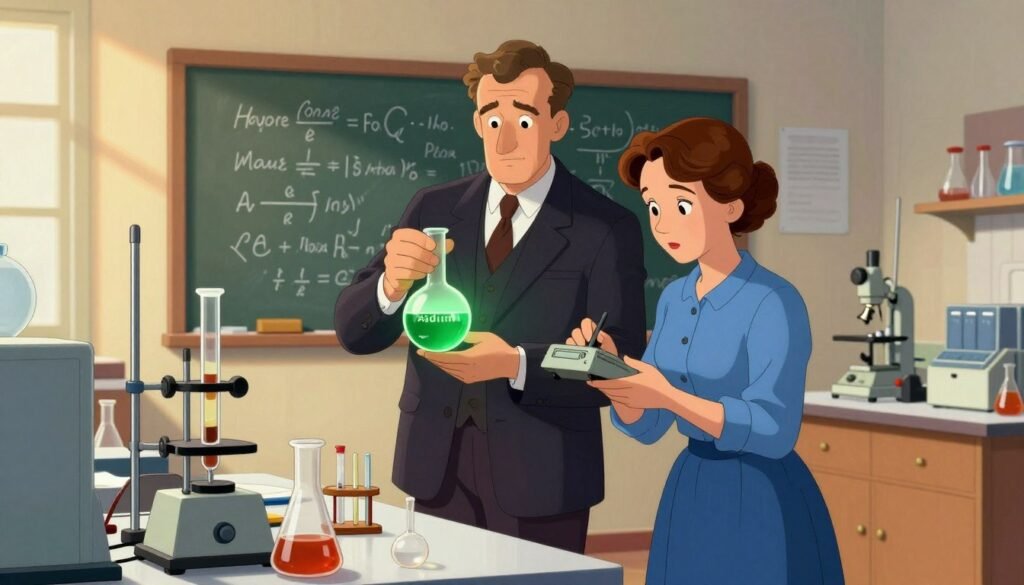 Pierre and Marie Curie, depicted standing side by side in a laboratory filled with scientific equipment, showcasing their pioneering spirit in the field of radioactivity. Pierre, a tall man with short hair, is dressed in a dark tailored suit, holding a flask of glowing green liquid, symbolizing radium. Marie, an elegant woman with her hair in a bun, wears a modest blue blouse and long skirt, focused intently on a Geiger counter. The foreground features testing apparatus and beakers, while the middle shows a chalkboard filled with scientific equations. In the background, warm lighting bathes the room, creating an inviting atmosphere, with soft shadows that hint at late afternoon. This vibrant scene captures their dedication to science and innovation, reflecting their significant contributions to the world. Colorful and friendly, the image embodies the essence of scientific exploration. Created by Debsie.