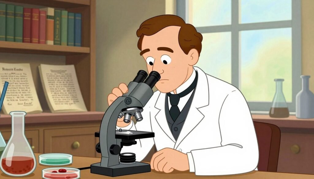 Portrait of Robert Koch, the pioneering German scientist, depicted in an indoor laboratory setting. He is dressed in a classic 19th-century professional attire with a white lab coat, focused on examining a microscope. In the foreground, include scientific equipment like petri dishes and flasks to illustrate his groundbreaking work on germ theory. The middle ground features bookshelves filled with medical texts and historical scientific papers, while the background includes a large window allowing soft, natural light to flood the room, creating a warm atmosphere. The overall mood is one of curiosity and intellectual pursuit. This image captures Koch's significant contributions to science in a colorful, friendly style. Debsie. Portrait of Robert Koch, the pioneering German scientist, depicted in an indoor laboratory setting. He is dressed in a classic 19th-century professional attire with a white lab coat, focused on examining a microscope. In the foreground, include scientific equipment like petri dishes and flasks to illustrate his groundbreaking work on germ theory. The middle ground features bookshelves filled with medical texts and historical scientific papers, while the background includes a large window allowing soft, natural light to flood the room, creating a warm atmosphere. The overall mood is one of curiosity and intellectual pursuit. This image captures Koch's significant contributions to science in a colorful, friendly style. Debsie.