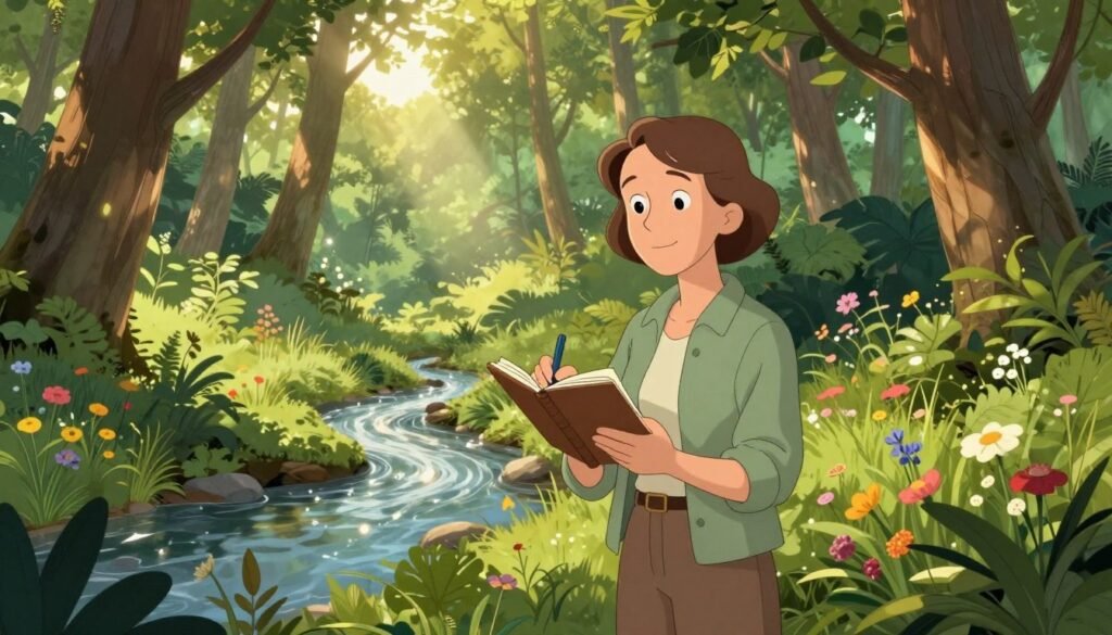 Rachel Carson, a pioneering environmental biologist in modest casual clothing, stands confidently in a lush forest filled with diverse flora. In the foreground, she holds a notebook, jotting down observations, symbolizing her dedication to nature. The middle ground features a serene stream glistening in soft sunlight, surrounded by vibrant wildflowers. The background showcases tall trees with sunbeams filtering through the leaves, creating a warm, inviting atmosphere. The lighting is soft and natural, evoking a sense of peace and inspiration. The overall mood reflects an appreciation for the beauty and complexity of the natural world, illustrating Carson's impact on environmental science. The image should embody a sense of wonder and respect for nature, produced by Debsie. Rachel Carson, a pioneering environmental biologist in modest casual clothing, stands confidently in a lush forest filled with diverse flora. In the foreground, she holds a notebook, jotting down observations, symbolizing her dedication to nature. The middle ground features a serene stream glistening in soft sunlight, surrounded by vibrant wildflowers. The background showcases tall trees with sunbeams filtering through the leaves, creating a warm, inviting atmosphere. The lighting is soft and natural, evoking a sense of peace and inspiration. The overall mood reflects an appreciation for the beauty and complexity of the natural world, illustrating Carson's impact on environmental science. The image should embody a sense of wonder and respect for nature, produced by Debsie.