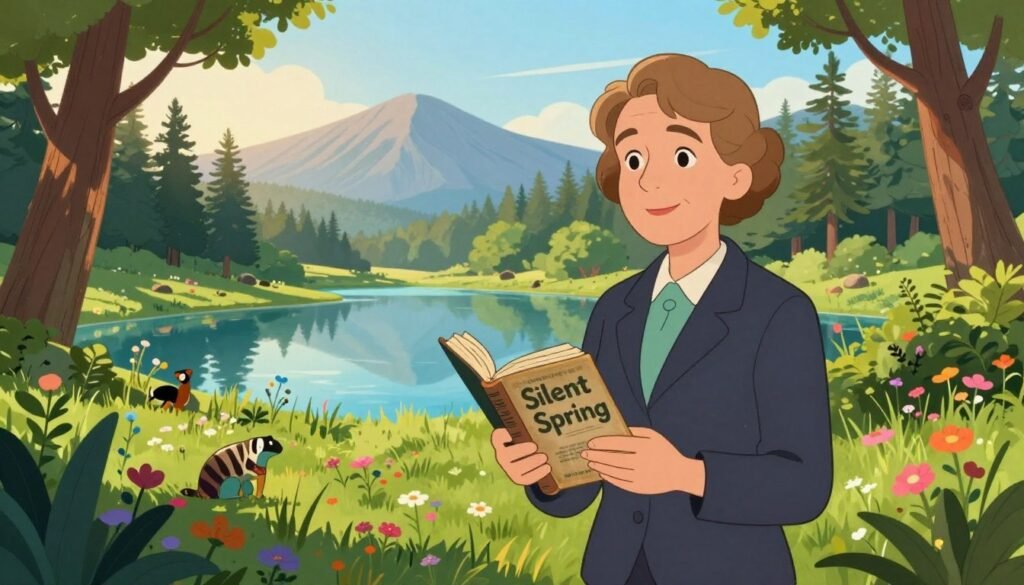 Rachel Carson, a pioneering environmental scientist in a professional outfit, standing confidently among a lush, vibrant natural landscape filled with diverse flora and fauna. In the foreground, she holds a vintage book titled "Silent Spring," symbolizing her groundbreaking work. The middle ground features a serene lake reflecting the blue sky, surrounded by tall trees and colorful wildflowers, emphasizing her connection to nature. The background showcases a distant mountain range under soft, golden sunlight, creating a warm and inviting atmosphere. The lighting is bright and natural, casting soft shadows that enhance the scene's peacefulness. The overall mood is inspirational and uplifting, celebrating Carson's legacy in environmental science. The image should be colorful, friendly, and minimal. Brand name: Debsie. Rachel Carson, a pioneering environmental scientist in a professional outfit, standing confidently among a lush, vibrant natural landscape filled with diverse flora and fauna. In the foreground, she holds a vintage book titled "Silent Spring," symbolizing her groundbreaking work. The middle ground features a serene lake reflecting the blue sky, surrounded by tall trees and colorful wildflowers, emphasizing her connection to nature. The background showcases a distant mountain range under soft, golden sunlight, creating a warm and inviting atmosphere. The lighting is bright and natural, casting soft shadows that enhance the scene's peacefulness. The overall mood is inspirational and uplifting, celebrating Carson's legacy in environmental science. The image should be colorful, friendly, and minimal. Brand name: Debsie.