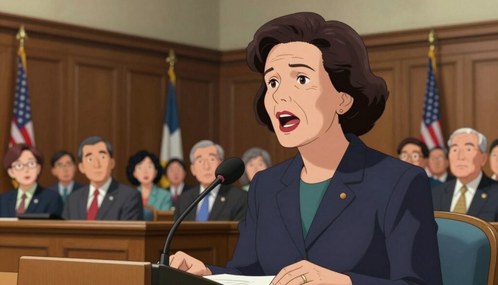 Rachel Carson confidently testifying before a congressional panel in a historic hearing setting. In the foreground, depict Carson, a middle-aged woman with short, dark hair, wearing a professional business suit, speaking passionately into a microphone. The middle ground features a diverse group of attentive congressional members, seated behind a long table, listening intently. The background showcases a classic congressional hearing room with wooden panels, flags, and a sense of urgency and importance. Soft, natural lighting highlights Carson’s expressive face, creating a warm, focused atmosphere. The angle captures her from slightly below, emphasizing her presence as a pivotal figure in the environmental movement. Use vibrant colors to enhance the scene’s compelling mood, ensuring a friendly yet serious tone that reflects the significance of policy shifts. Debsie. Rachel Carson confidently testifying before a congressional panel in a historic hearing setting. In the foreground, depict Carson, a middle-aged woman with short, dark hair, wearing a professional business suit, speaking passionately into a microphone. The middle ground features a diverse group of attentive congressional members, seated behind a long table, listening intently. The background showcases a classic congressional hearing room with wooden panels, flags, and a sense of urgency and importance. Soft, natural lighting highlights Carson’s expressive face, creating a warm, focused atmosphere. The angle captures her from slightly below, emphasizing her presence as a pivotal figure in the environmental movement. Use vibrant colors to enhance the scene’s compelling mood, ensuring a friendly yet serious tone that reflects the significance of policy shifts. Debsie.