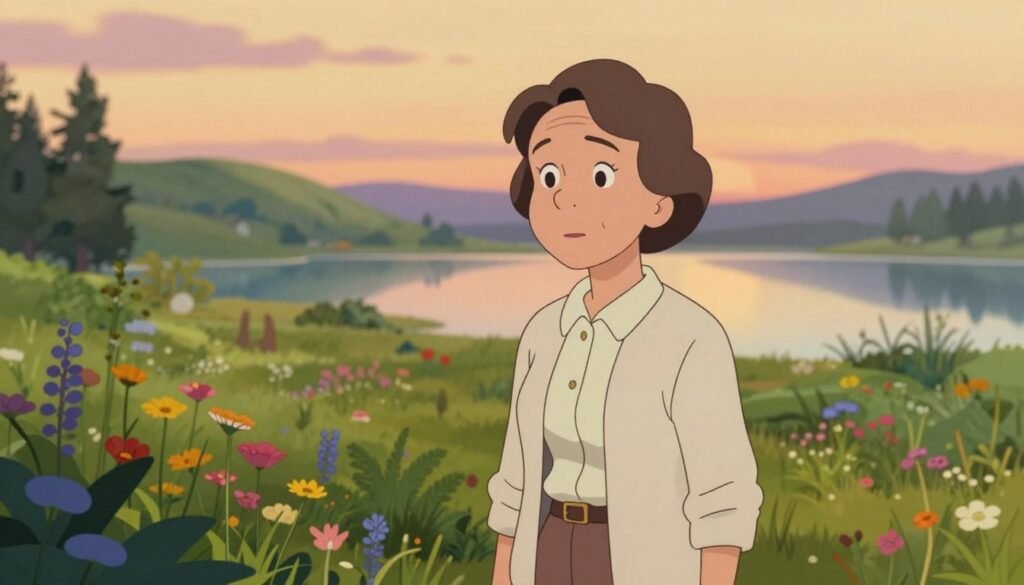 Rachel Carson, depicted in her late 30s, stands gracefully in a tranquil natural setting that captures her deep connection to the environment. In the foreground, she is dressed in professional yet modest attire, with a light cardigan over a blouse, symbolizing her dedication to science. Her expression is thoughtful and engaged, as she gazes at a rich variety of flora surrounding her, including vibrant wildflowers and lush greenery. The middle ground features gentle hills, hinting at a diverse ecosystem. In the background, a serene lake reflects the soft pastel hues of a sunset, creating a peaceful atmosphere. The lighting is warm and golden, evoking a sense of hope and inspiration, while the overall mood is reflective and inviting. This image is created in a soft-focus style, with a shallow depth of field to highlight Carson as the focal point. Debsie. Rachel Carson, depicted in her late 30s, stands gracefully in a tranquil natural setting that captures her deep connection to the environment. In the foreground, she is dressed in professional yet modest attire, with a light cardigan over a blouse, symbolizing her dedication to science. Her expression is thoughtful and engaged, as she gazes at a rich variety of flora surrounding her, including vibrant wildflowers and lush greenery. The middle ground features gentle hills, hinting at a diverse ecosystem. In the background, a serene lake reflects the soft pastel hues of a sunset, creating a peaceful atmosphere. The lighting is warm and golden, evoking a sense of hope and inspiration, while the overall mood is reflective and inviting. This image is created in a soft-focus style, with a shallow depth of field to highlight Carson as the focal point. Debsie.