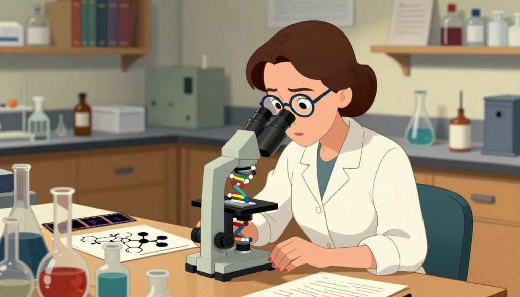 Rosalind Franklin, a pioneering female scientist, is seated at a wooden laboratory table, deeply focused on observing a DNA model through a microscope. She is depicted wearing a professional blouse and glasses, with an intense, thoughtful expression reflecting her dedication to precision in discovery. In the foreground, laboratory equipment like beakers and charts illustrating molecular structures are visible. The middle ground features scientific notes and photo film, hinting at her groundbreaking work with X-ray diffraction. The background captures a softly lit lab environment with shelves of books and lab supplies, creating a warm and inspiring ambiance. The lighting casts gentle shadows, emphasizing the depth of her work and intellect. The overall mood is one of determination and professionalism, embodying Franklin’s role as a significant figure in science. Colorful elements add vibrancy while maintaining a minimal aesthetic. Designed by Debsie.