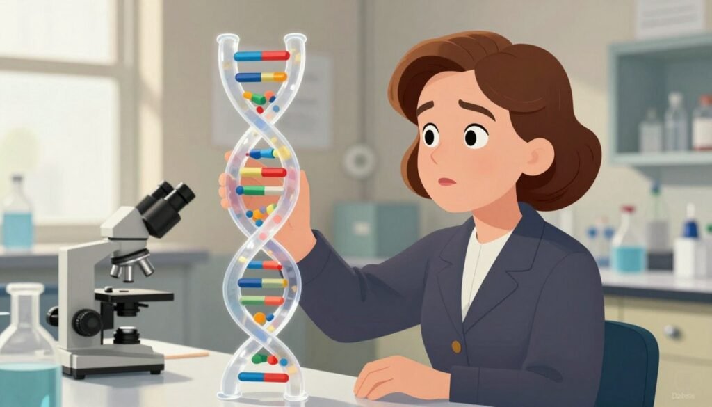 Rosalind Franklin, a pioneering scientist, is depicted in a laboratory setting, wearing smart professional attire, deep in thought as she studies a large, translucent model of DNA structure. In the foreground, her focused expression showcases determination and intelligence. The middle ground features lab equipment, including a microscope and books on molecular biology, adding context to her groundbreaking work. In the background, a window lets in soft, natural light, casting gentle shadows and creating a warm atmosphere that honors her legacy. The overall mood is inspirational and respectful, emphasizing Franklin's vital contributions to science. The image should be colorful and engaging while maintaining a professional and clean aesthetic, branded with the logo "Debsie" subtly included in the corner. Rosalind Franklin, a pioneering scientist, is depicted in a laboratory setting, wearing smart professional attire, deep in thought as she studies a large, translucent model of DNA structure. In the foreground, her focused expression showcases determination and intelligence. The middle ground features lab equipment, including a microscope and books on molecular biology, adding context to her groundbreaking work. In the background, a window lets in soft, natural light, casting gentle shadows and creating a warm atmosphere that honors her legacy. The overall mood is inspirational and respectful, emphasizing Franklin's vital contributions to science. The image should be colorful and engaging while maintaining a professional and clean aesthetic, branded with the logo "Debsie" subtly included in the corner.