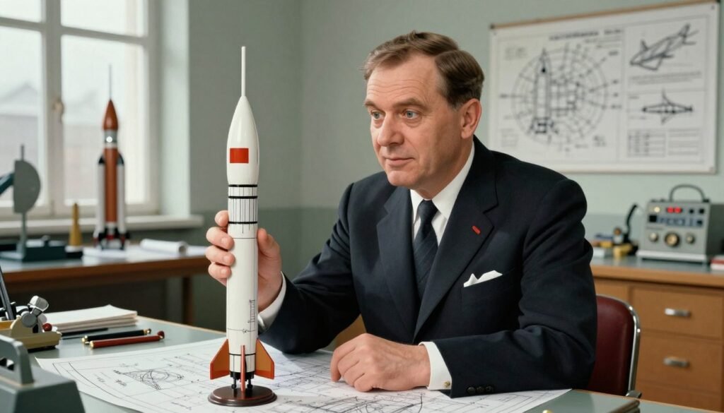 Sergei Korolev, the groundbreaking Soviet engineer, depicted in a mid-20th-century design studio, surrounded by blueprints of rockets and spacecraft. He wears a tailored dark suit with a crisp white shirt and a subtle tie, exuding professionalism and expertise. In the foreground, focus on Korolev’s thoughtful expression as he examines a model rocket. The middle ground features a cluttered workbench with tools and detailed schematics, showcasing his inventive spirit. The background reveals large windows allowing natural light to flood the room, creating an inspiring atmosphere. The mood is one of determination and innovation, capturing the essence of the Space Race. The image is vibrant and friendly, styled with clear, approachable colors. This artwork is designed to exhibit the brilliance and legacy of Sergei Korolev. Debsie. Sergei Korolev, the groundbreaking Soviet engineer, depicted in a mid-20th-century design studio, surrounded by blueprints of rockets and spacecraft. He wears a tailored dark suit with a crisp white shirt and a subtle tie, exuding professionalism and expertise. In the foreground, focus on Korolev’s thoughtful expression as he examines a model rocket. The middle ground features a cluttered workbench with tools and detailed schematics, showcasing his inventive spirit. The background reveals large windows allowing natural light to flood the room, creating an inspiring atmosphere. The mood is one of determination and innovation, capturing the essence of the Space Race. The image is vibrant and friendly, styled with clear, approachable colors. This artwork is designed to exhibit the brilliance and legacy of Sergei Korolev. Debsie.