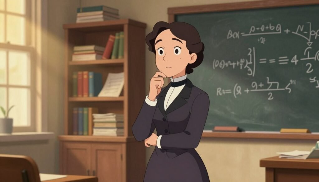 Sofia Kovalevskaya, a pioneering mathematician, stands confidently in the foreground, dressed in a 19th-century professional dress that reflects her time, complete with a high collar and an elegant silhouette. Her expression is thoughtful, exuding intelligence and determination. In the middle background, shelves filled with books and mathematical papers can be seen, symbolizing her dedication to knowledge. The ambiance is warmly lit, with soft golden light streaming through a window, creating an inviting atmosphere. The background features a chalkboard with mathematical equations and diagrams elegantly scrawled, signifying her groundbreaking work. The scene captures a moment of inspiration, where history meets intellect. The visual style is colorful and friendly, evoking a sense of admiration for her achievements. Created by Debsie. Sofia Kovalevskaya, a pioneering mathematician, stands confidently in the foreground, dressed in a 19th-century professional dress that reflects her time, complete with a high collar and an elegant silhouette. Her expression is thoughtful, exuding intelligence and determination. In the middle background, shelves filled with books and mathematical papers can be seen, symbolizing her dedication to knowledge. The ambiance is warmly lit, with soft golden light streaming through a window, creating an inviting atmosphere. The background features a chalkboard with mathematical equations and diagrams elegantly scrawled, signifying her groundbreaking work. The scene captures a moment of inspiration, where history meets intellect. The visual style is colorful and friendly, evoking a sense of admiration for her achievements. Created by Debsie.