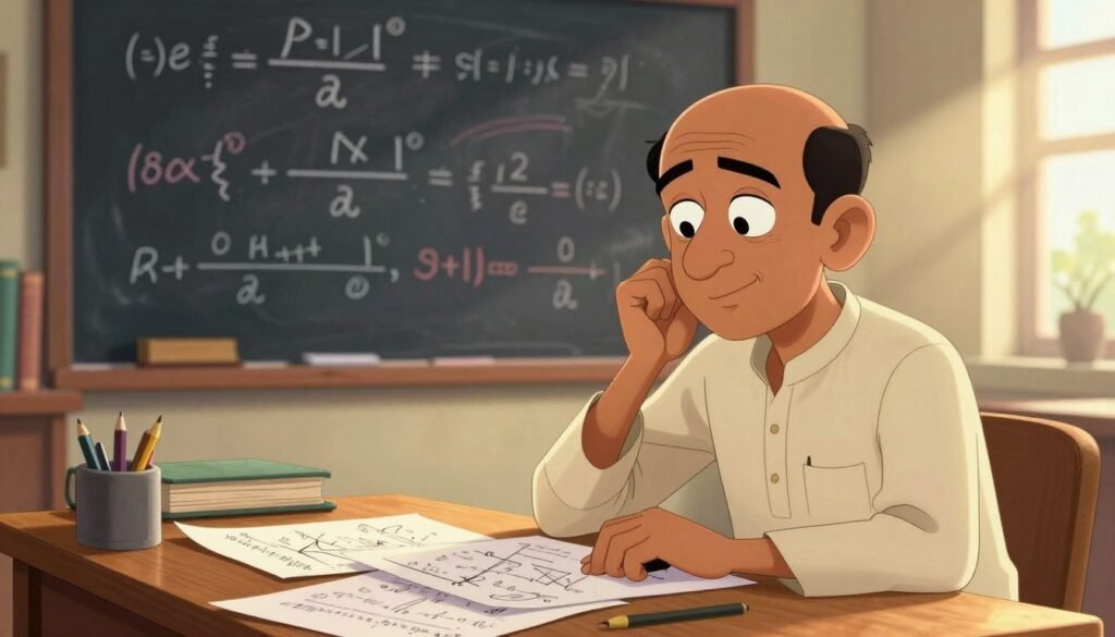 Srinivasa Ramanujan, depicted as an earnest Indian mathematician, sits at a wooden desk cluttered with papers filled with complex equations and sketches, showcasing his genius. He has short, neat hair and a thoughtful expression, wearing a modest, traditional Indian kurta. The foreground features a close-up of his focused face, highlighting his deep concentration. In the middle, a chalkboard displays mathematical formulas in vibrant chalk colors, conveying the brilliance of his mind. The background is softly blurred, representing a serene library filled with books, creating an atmosphere of quiet contemplation. The lighting is warm and inviting, suggesting late afternoon sunlight streaming through a nearby window. The scene is colorful and engaging, designed to capture the essence of his intellect. The composition is photographed from a slight angle, enhancing the dynamic feel of the moment. Brand name: Debsie.