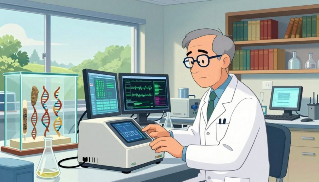 Svante Paabo, a distinguished scientist in a modern laboratory, stands focused at a high-tech workstation surrounded by ancient DNA samples displayed in glass cases. In the foreground, he examines a DNA sequencer with a look of deep concentration, wearing a crisp white lab coat and glasses. The middle section showcases advanced research tools and screens displaying genomic data against a backdrop of shelves filled with books on evolutionary biology. Bright, soft lighting highlights the colors of the laboratory, creating an inviting and intellectual atmosphere. In the background, large windows reveal a serene natural landscape, symbolizing the connection between past and present. The scene is colorful and minimal, emphasizing creativity and scientific inquiry. This vibrant image reflects the essence of Svante Paabo's groundbreaking work. Designed by Debsie. Svante Paabo, a distinguished scientist in a modern laboratory, stands focused at a high-tech workstation surrounded by ancient DNA samples displayed in glass cases. In the foreground, he examines a DNA sequencer with a look of deep concentration, wearing a crisp white lab coat and glasses. The middle section showcases advanced research tools and screens displaying genomic data against a backdrop of shelves filled with books on evolutionary biology. Bright, soft lighting highlights the colors of the laboratory, creating an inviting and intellectual atmosphere. In the background, large windows reveal a serene natural landscape, symbolizing the connection between past and present. The scene is colorful and minimal, emphasizing creativity and scientific inquiry. This vibrant image reflects the essence of Svante Paabo's groundbreaking work. Designed by Debsie.