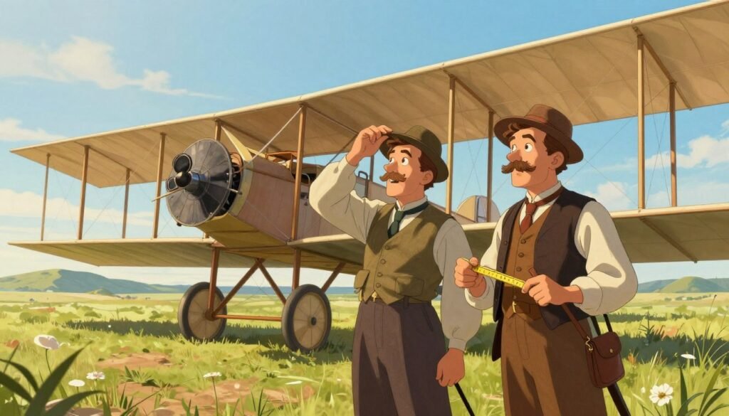 Two inventors, the Wright Brothers, are depicted in early 20th-century attire, standing proudly beside their groundbreaking aircraft. The foreground features the brothers, one adjusting the wings and the other holding a measuring tool, both with focused expressions. In the middle ground, the historic 1903 Wright Flyer is shown, its wooden frame and fabric sails highlighted against the blue sky. The background captures a grassy landscape with gentle hills, suggesting a remote airfield. The scene is bathed in warm morning sunlight, casting soft shadows and evoking a sense of optimism and pioneering spirit. The overall atmosphere is inspiring and vibrant, reflecting the ingenuity and determination that changed the course of transportation. The image should not contain any text or logos, but should clearly embody the essence of innovation. Debsie. Two inventors, the Wright Brothers, are depicted in early 20th-century attire, standing proudly beside their groundbreaking aircraft. The foreground features the brothers, one adjusting the wings and the other holding a measuring tool, both with focused expressions. In the middle ground, the historic 1903 Wright Flyer is shown, its wooden frame and fabric sails highlighted against the blue sky. The background captures a grassy landscape with gentle hills, suggesting a remote airfield. The scene is bathed in warm morning sunlight, casting soft shadows and evoking a sense of optimism and pioneering spirit. The overall atmosphere is inspiring and vibrant, reflecting the ingenuity and determination that changed the course of transportation. The image should not contain any text or logos, but should clearly embody the essence of innovation. Debsie.