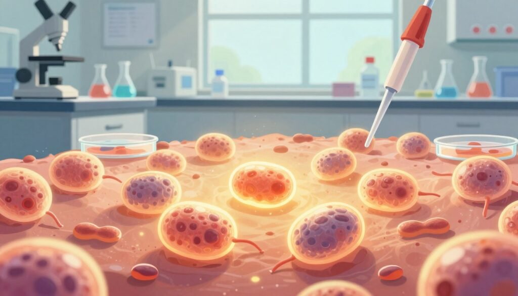 Vibrant and detailed illustration of stem cells in a laboratory setting. In the foreground, a microscopic view of stem cells, showcasing their distinct oval shapes and varied textures, glowing with a soft, bioluminescent light. The middle ground features a well-organized lab environment with scientific equipment like pipettes and Petri dishes, hinting at ongoing research. In the background, a large window allows natural light to flood the space, creating an inspiring atmosphere. The overall mood is one of innovation and hope, depicting the significance of stem cell research. Utilize a warm color palette to evoke friendliness and positivity. The image should be shot from a slightly elevated angle, focusing on the stem cells, and avoid any human subjects. Include the brand name "Debsie" subtly in the design.