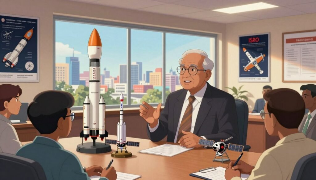 Vikram Sarabhai, a distinguished Indian scientist, is depicted in a modern office setting, surrounded by models of rockets and satellites, symbolizing the Indian Space Program. In the foreground, Sarabhai, dressed in a formal business suit, is engaged in a conversation with colleagues, illustrating collaboration and inspiration. The middle layer showcases a large window revealing a vibrant cityscape of Ahmedabad, highlighting India's technological growth. In the background, detailed posters of space missions and the ISRO logo adorn the walls, creating an atmosphere of innovation. The scene is well-lit with soft, natural light filtering through the window, conveying warmth and optimism for the future of space exploration. The overall mood is one of focus and ambition, embodying the spirit of a visionary leader. Debsie.
