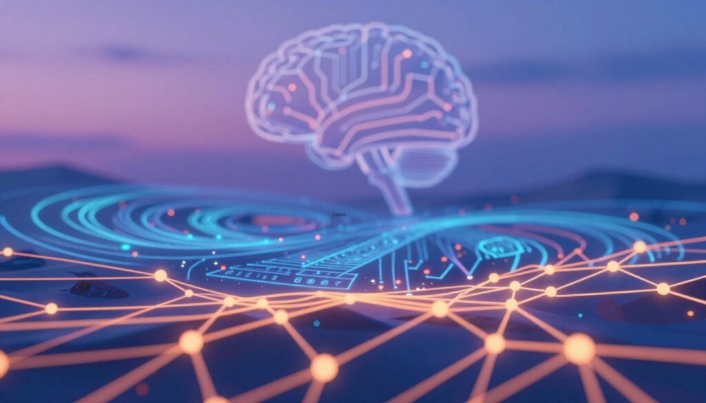 Visualize a modern, abstract representation of Associative Memory Models inspired by John Hopfield's work in AI. In the foreground, intricate neural network patterns intertwine, with nodes and connections glowing softly in warm hues of orange and blue to signify data flow. The middle layer features a digital landscape filled with swirling data points and memory matrices, suggestive of thoughts intertwining and merging. In the background, a blurred silhouette of a brain made from circuit-like structures encapsulates the theme of intelligence and memory, with a serene, gradient sky transitioning from twilight purple to deep blue, creating a calm yet dynamic atmosphere. Soft, focused lighting enhances depth, while a slight lens blur adds warmth and friendliness to the overall composition. Ensure the branding "Debsie" is subtly integrated within the visual elements.