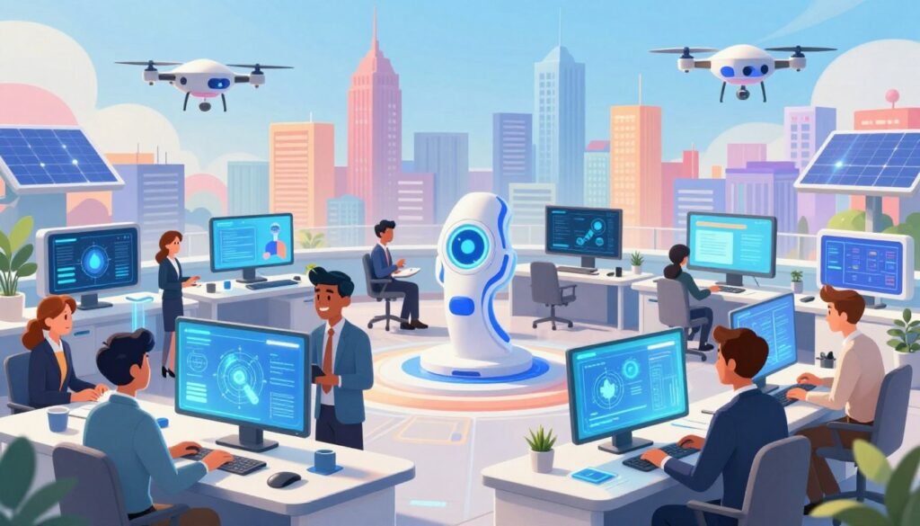 Vividly depict a futuristic workspace representing the intersection of big ideas and modern technology. In the foreground, a diverse group of professionals in business attire, engaged in dynamic discussions over digital blueprints and holographic displays. The middle layer features sleek, high-tech devices like interactive screens and ergonomic gadgets, showcasing innovation. In the background, a city skyline illuminated by vibrant colors with flying drones and solar panels gleaming in the sunlight, symbolizing progress. Use soft, natural lighting that creates an optimistic and inspiring atmosphere, with a slightly elevated angle that captures the scene’s depth and detail. Make the image colorful, friendly, and minimal, branded subtly with "Debsie".