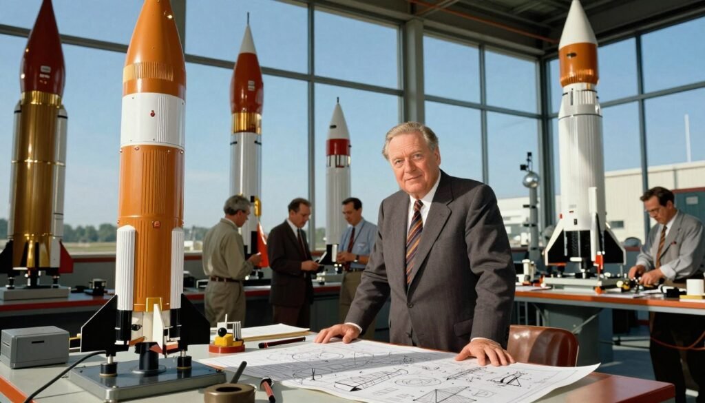 Wernher von Braun standing in a 1950s rocket development facility, surrounded by intricate rocket models and engineering blueprints. In the foreground, a detailed view of a Saturn V replica, showcasing its intricate sections and details. The middle ground features engineers in professional attire, closely examining the rocket, with tools and detailed schematics on a workbench. The background shows large windows with a clear blue sky, allowing natural sunlight to illuminate the scene, creating an inspiring atmosphere. The image captures a sense of innovation and collaboration, reflecting the dawn of rocketry. Warm color tones and a slightly low-angle perspective enhance the grandeur of the rockets. Style inspired by historical photography, focusing on clarity and vividness for educational purposes. Brand name: Debsie.