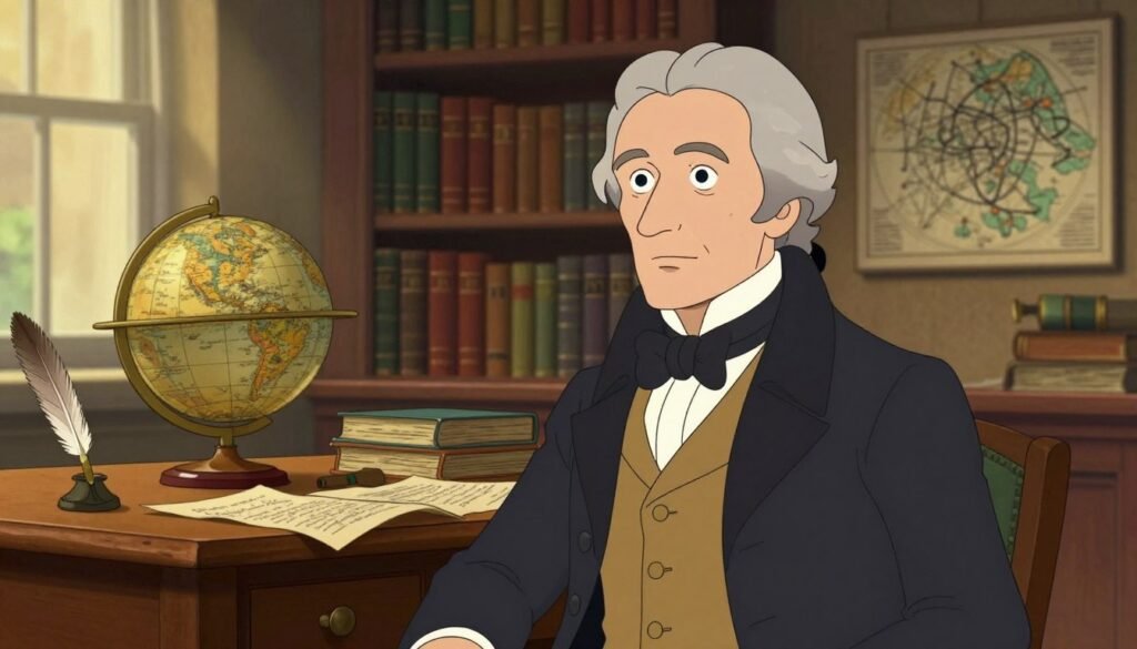 William Rowan Hamilton, a prominent 19th-century scientist known for his contributions to mathematics and physics, should be depicted in a dignified manner. Place him in the foreground, wearing formal Victorian attire, including a tailored coat and waistcoat, with a bow tie. His expression should convey intelligence and determination. In the middle ground, include a wooden desk cluttered with scientific papers, quills, and an old-fashioned globe. The background should feature a softly lit 19th-century library, filled with books and maps on the shelves, creating an academic atmosphere. Use warm lighting from a nearby window to enhance the setting and create a cozy, inviting mood. A slight upward angle should focus on Hamilton, emphasizing his role as a visionary. The image should be colorful, friendly, and minimal, branded subtly with "Debsie."