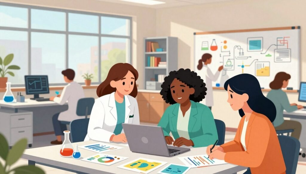 Women collaborating in a modern STEM workspace, showcasing diverse scientists engaged in various initiatives. In the foreground, a group of three women of different ethnicities, dressed in professional business attire, are discussing over a laptop, surrounded by colorful charts and STEM-related materials. In the middle, a bright workspace featuring scientific equipment, books, and a large whiteboard filled with innovative ideas. The background displays large windows allowing natural light to flood the room, adding to a welcoming atmosphere. The mood is focused and inspiring, capturing the essence of modern initiatives to support women in STEM. The overall color palette is vibrant and friendly, highlighting positivity and collaboration. The brand name "Debsie" is subtly integrated into the scene. Women collaborating in a modern STEM workspace, showcasing diverse scientists engaged in various initiatives. In the foreground, a group of three women of different ethnicities, dressed in professional business attire, are discussing over a laptop, surrounded by colorful charts and STEM-related materials. In the middle, a bright workspace featuring scientific equipment, books, and a large whiteboard filled with innovative ideas. The background displays large windows allowing natural light to flood the room, adding to a welcoming atmosphere. The mood is focused and inspiring, capturing the essence of modern initiatives to support women in STEM. The overall color palette is vibrant and friendly, highlighting positivity and collaboration. The brand name "Debsie" is subtly integrated into the scene.