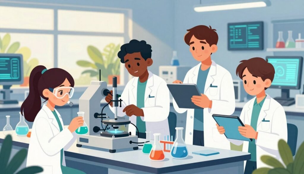 Young scientists gathered in a modern laboratory, showcasing diversity in gender and ethnicity. In the foreground, two young women, one of Asian descent in a lab coat and goggles, and another of Black descent examining a beaker. In the middle, a young man of Hispanic descent is adjusting a complex machine, while another young scientist of Caucasian descent takes notes on a digital tablet. The background features colorful lab equipment, glowing screens with data, and vibrant plant life; the atmosphere is lively and collaborative, filled with curiosity and innovation. Soft, natural lighting streams through large windows, creating a warm, inviting space. The image conveys a sense of discovery and camaraderie, emphasizing the modern era of scientific exploration. Described in a professional style, the image is created by Debsie.