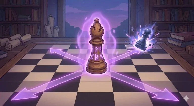 Bishops move diagonally. They can travel across the board in one move if no pieces block their path.